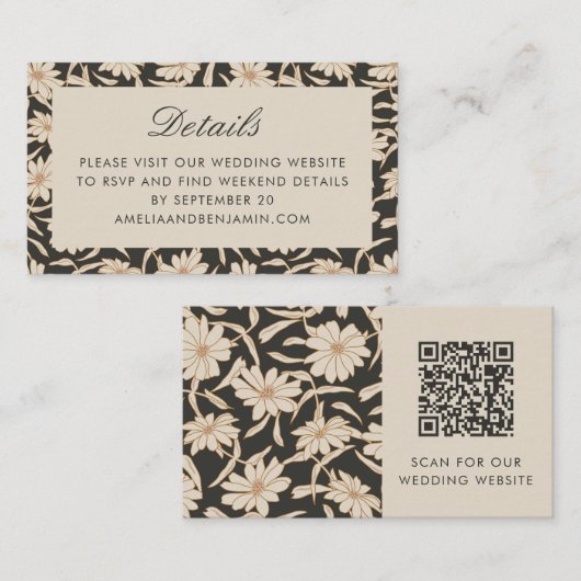 Floral Botanical Black Ivory Wedding RSVP QR Code エンクロージャーカード (正面/裏面)