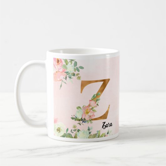 Floral Botanical Gold Initial Letter Z Coffee Mug コーヒーマグカップ (左)