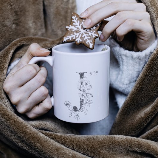 Floral Botanical Monogram | Custom Text Elegant コーヒーマグカップ