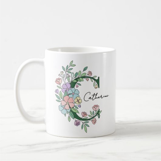 Floral Botanical Monogram | Custom Text Elegant Co コーヒーマグカップ (左)