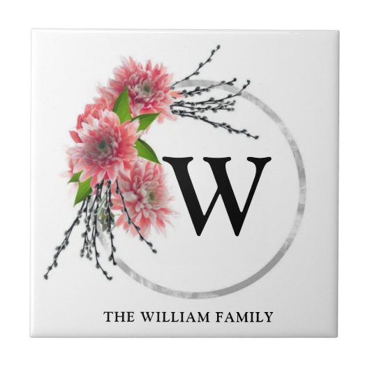 FLORAL BOTANICAL MONOGRAM FAMILY NAME タイル (正面)