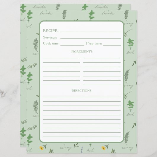 Floral Botanical Recipe Binder Page (正面/裏面)