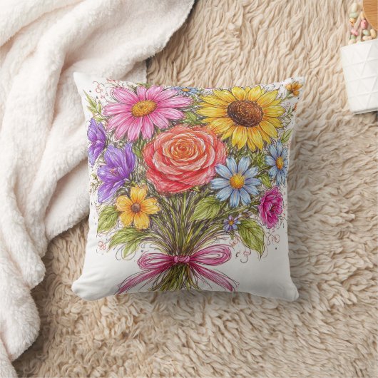 Floral Bouquet - Scribbled Style Art クッション (ブランケット)