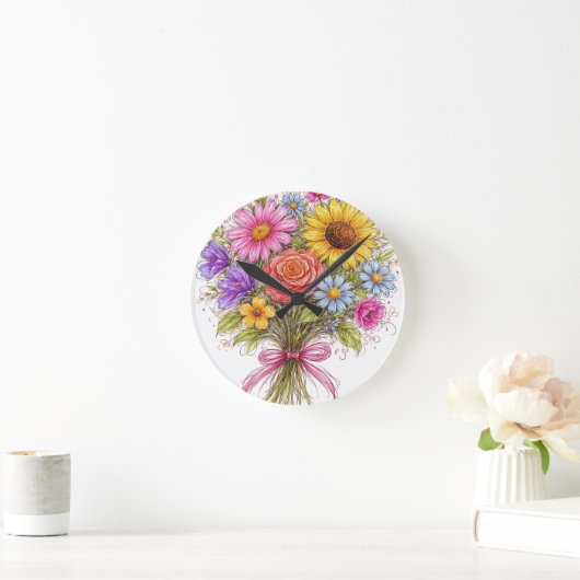 Floral Bouquet - Scribbled Style Art ラウンド壁時計 (ホーム)
