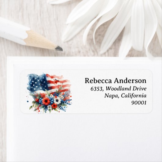 Floral Bouquet with American Flag Return Address  ラベル (インサイチュ)