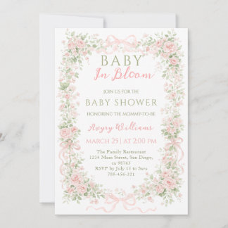 Floral Bow Baby in Bloom Girl Baby Shower 招待状