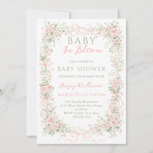 Floral Bow Baby in Bloom Girl Baby Shower 招待状 (正面)