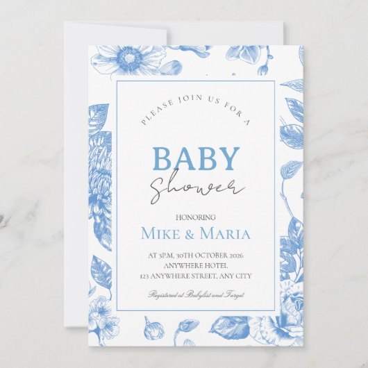Floral bow boy baby shower invitation 招待状 (正面)