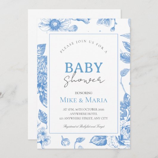 Floral bow boy baby shower invitation 招待状 (正面/裏面)