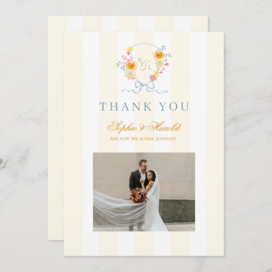Floral Bow Crest Monogram Spring Wedding サンキューカード (正面/裏面)