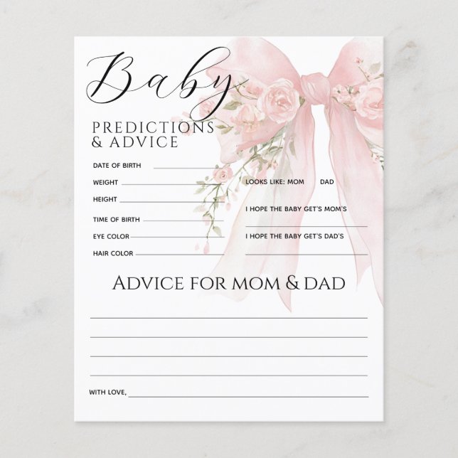 Floral Bow Elegant Baby Shower Prediction Game (正面)