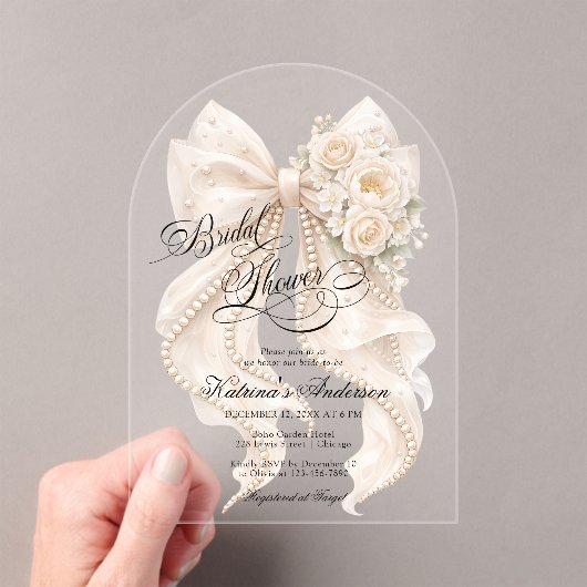 Floral Bow Elegant Bridal Shower  アクリル招待状 (インサイチュ (ポータブル))