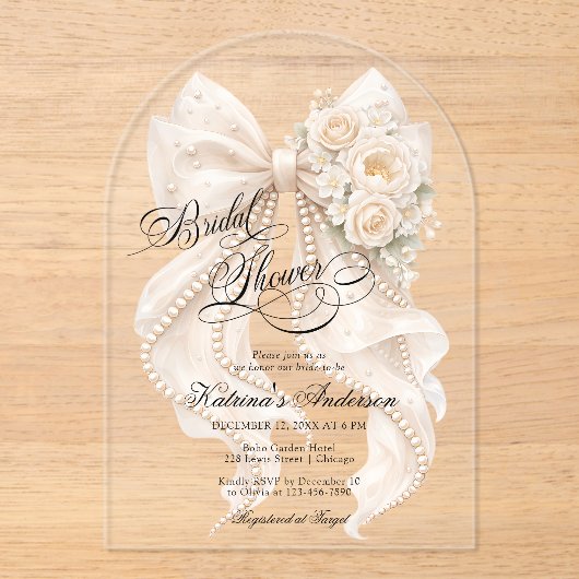 Floral Bow Elegant Bridal Shower  アクリル招待状 (正面)