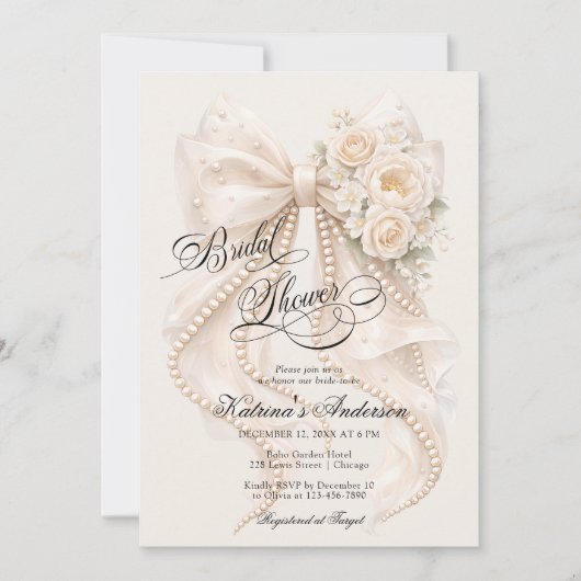 Floral Bow Elegant Bridal Shower  招待状 (正面)