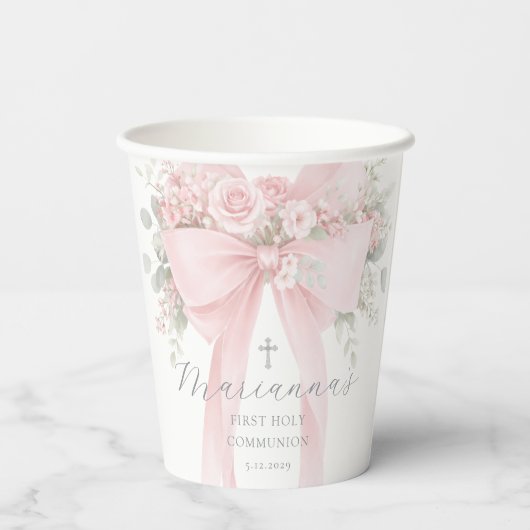  Floral Bow First Holy Communion Elegant 紙コップ (裏面)