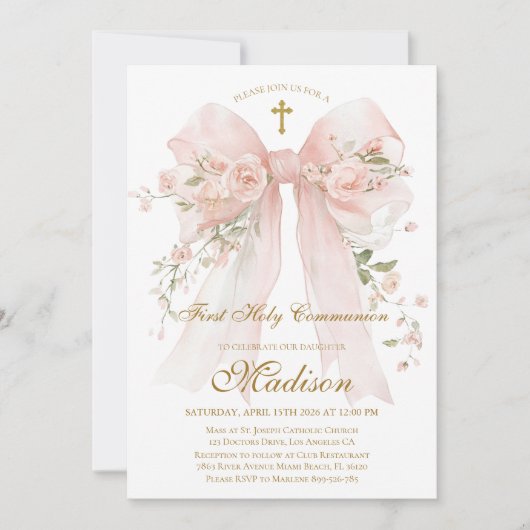 Floral Bow First Holy Communion Invitation 招待状 (正面)