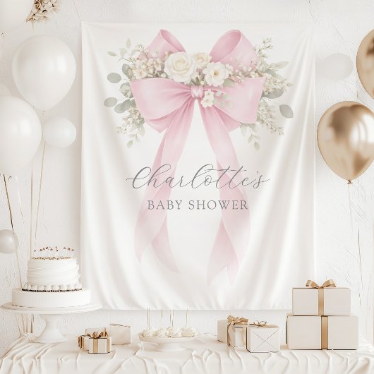 Floral Bow Pink Coquette Baby Shower タペストリー