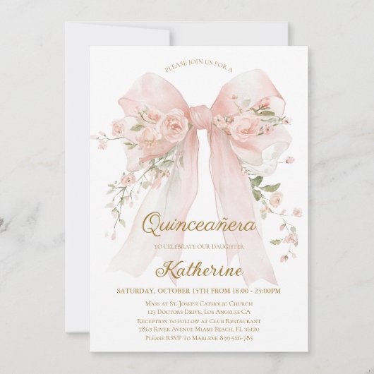 Floral Bow Quinceañera Invitation 15th Birthday 招待状 (正面)