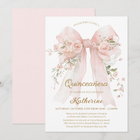 Floral Bow Quinceañera Invitation 15th Birthday 招待状 (正面/裏面)