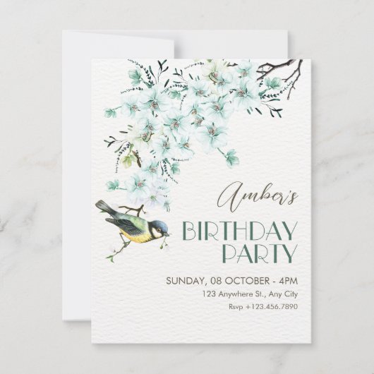 Floral branch bird spring birthday 招待状 (正面)