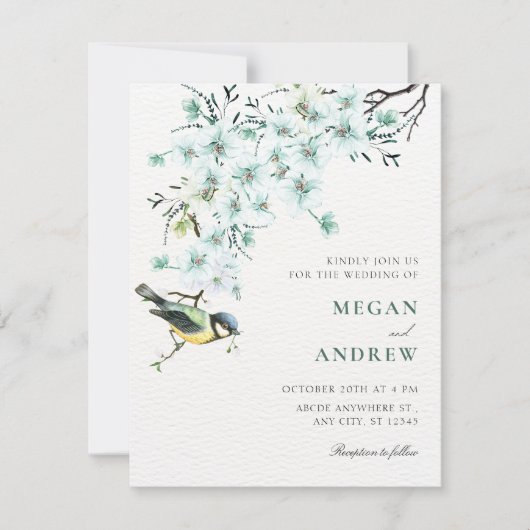 Floral branch bird spring wedding 招待状 (正面)