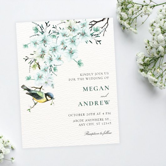 Floral branch bird spring wedding 招待状