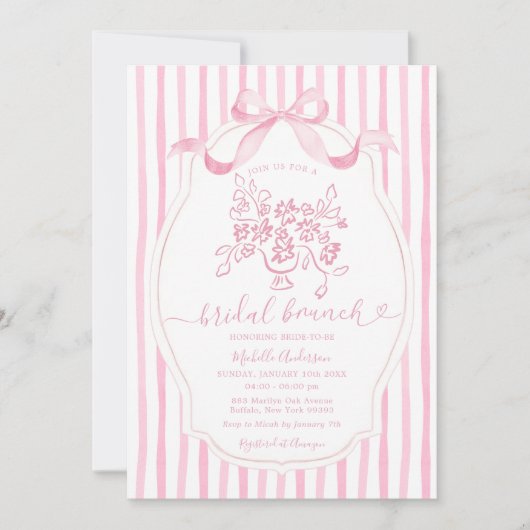 Floral Bridal Brunch Elegant Pink Stripe Bridal  招待状 (正面)