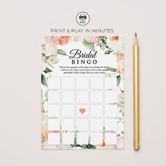 Floral Bridal Shower Bingo Game Printable 招待状