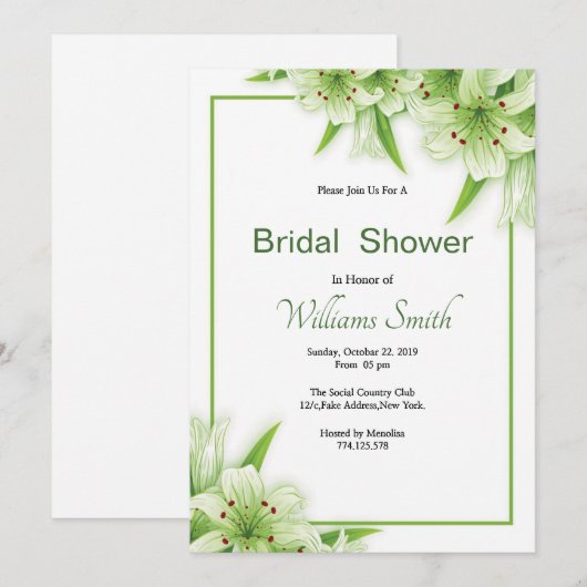 Floral Bridal Shower Invitation Card Template 招待状 (正面/裏面)