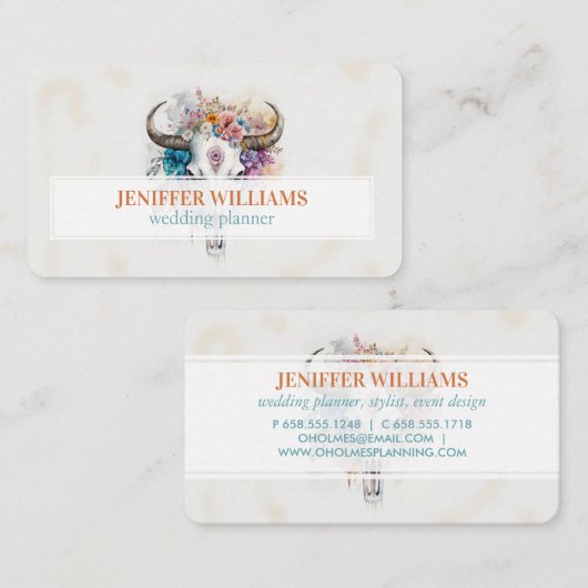 Floral Bull Skull Watercolor Art 名刺 (正面/裏面)