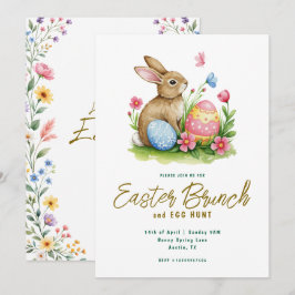 Floral Bunny and Egg Watercolor Easter Brunch  招待状