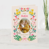 Floral Bunny Happy Easter Family Photo Card カード (正面)