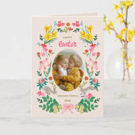 Floral Bunny Happy Easter Family Photo Card カード
