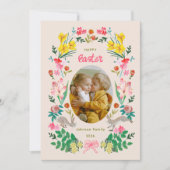 Floral Bunny Happy Easter Family Photo Card 招待状 (正面)