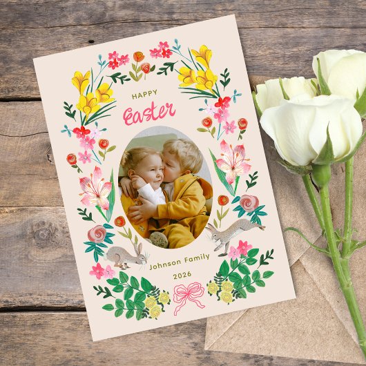 Floral Bunny Happy Easter Family Photo Card 招待状
