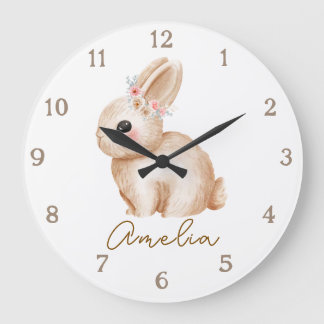 Floral Bunny Personalized Nursery Wall Clock Custo ラージ壁時計