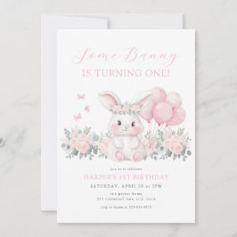 Floral Bunny Spring Girl Pink Bunny First Birthday 招待状