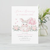 Floral Bunny Spring Girl Pink Bunny First Birthday 招待状 (スタンド正面)
