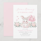 Floral Bunny Spring Girl Pink Bunny First Birthday 招待状 (正面/裏面)