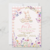 Floral Bunny Tea Party Birthday Pink Gingham 招待状 (正面)