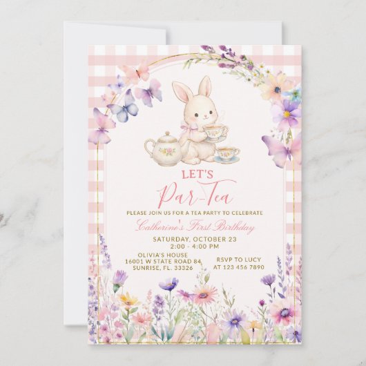 Floral Bunny Tea Party Birthday Pink Gingham 招待状 (正面)