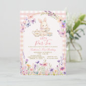 Floral Bunny Tea Party Birthday Pink Gingham 招待状 (スタンド正面)