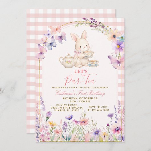Floral Bunny Tea Party Birthday Pink Gingham 招待状 (正面/裏面)