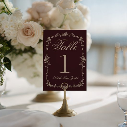 Floral Burgundy Botanical Wedding Table Number 招待状