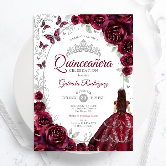 Floral Burgundy Silver Quinceanera 招待状