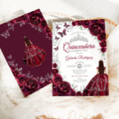 Floral Burgundy Silver Quinceanera 招待状