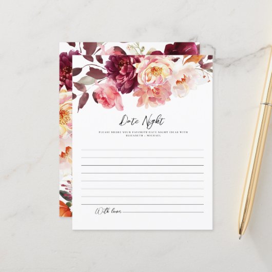 Floral Burgundy Wedding Date Night ideas Cards (正面/裏面インサイチュ)