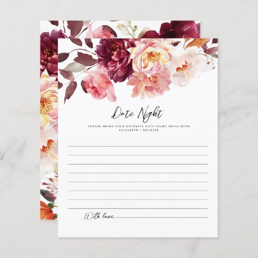 Floral Burgundy Wedding Date Night ideas Cards (正面/裏面)