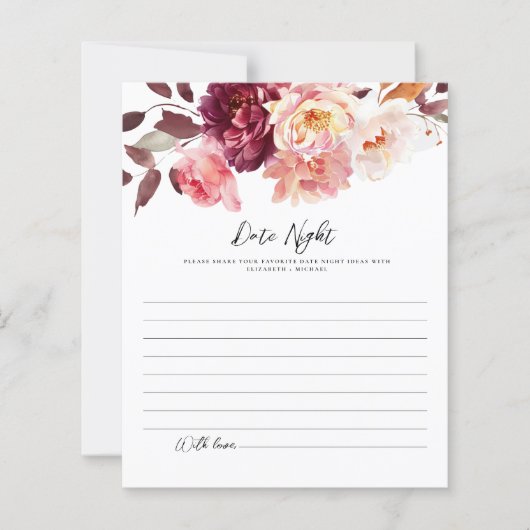 Floral Burgundy Wedding Date Night ideas Cards (正面)