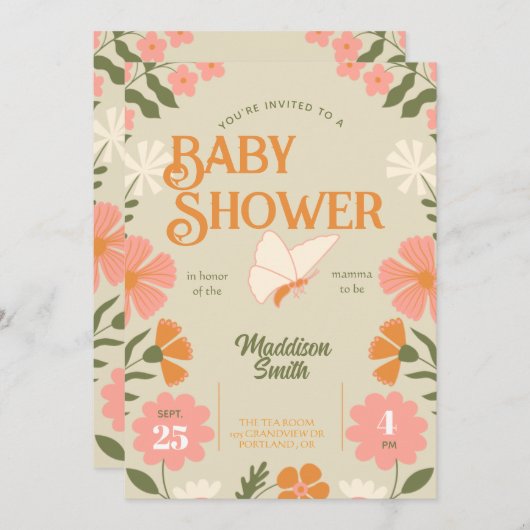 Floral Butterfly Baby Shower Invitation (正面/裏面)